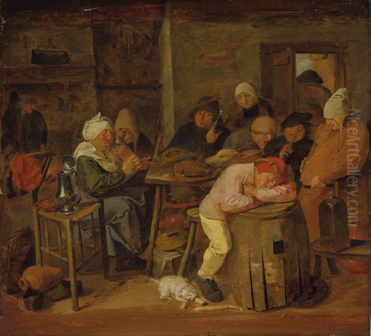 Peasants in an interior (The slaughter feast) Oil Painting by Adriaen Brouwer