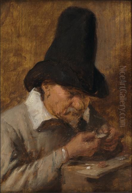 Old man counting money (Avarice) Oil Painting by Adriaen Brouwer