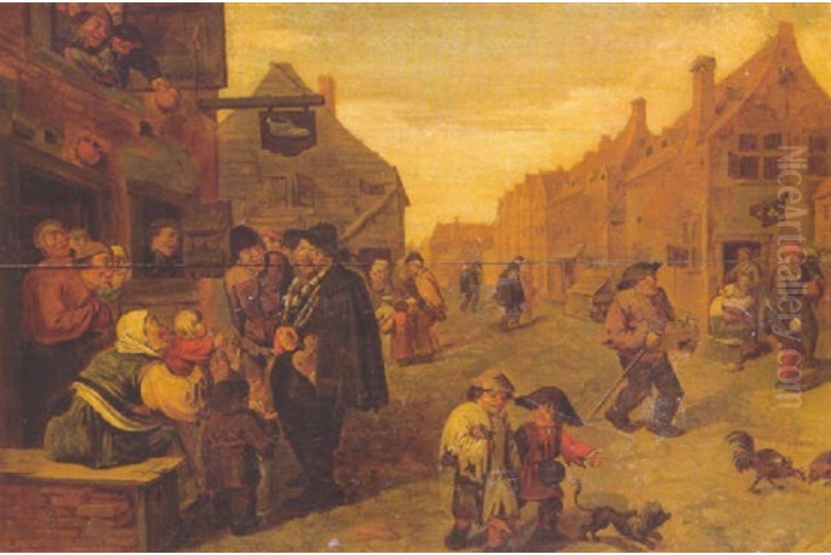 Boors listening to a Hurdy-Gurdy, outside a Shoemaker's workshop, in a Village Street Oil Painting by Adriaen Brouwer