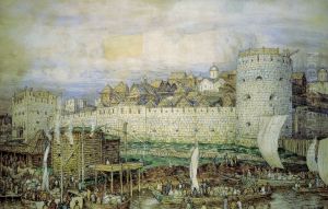 Probable view of the white-stone Kremlin of Dmitry Donskoy. The end of the 14th century
