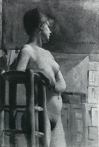 Weiblicher Akt mit Atelierschemel