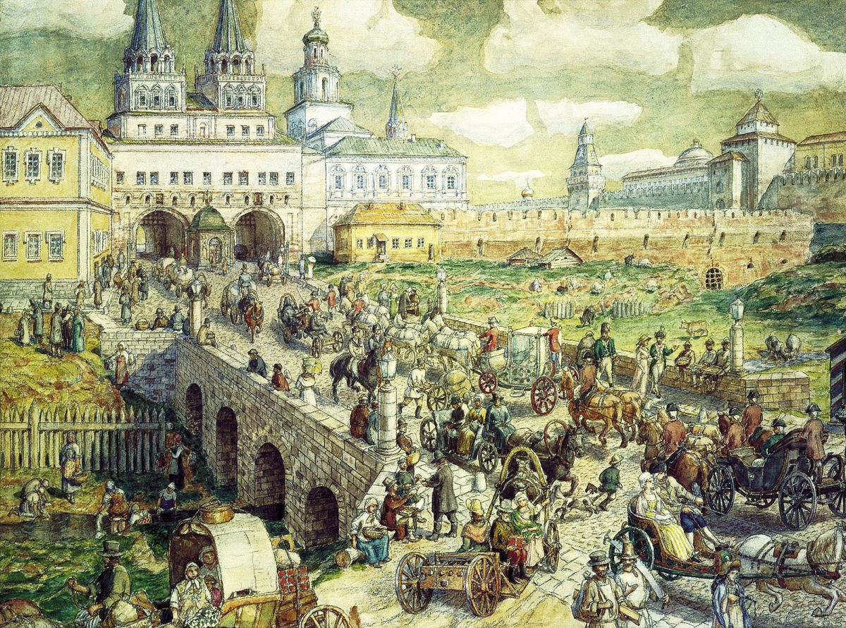 <<Ulicnoe dvizenie na Voskresenskom mostu v XVIII veke>> Oil Painting by Apollinary Vasnetsov
