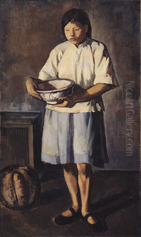 The girl aand Pumpkin Oil Painting by Li Mei-shu