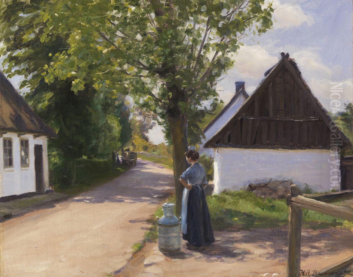 Dansk landsbygade med landmand og maelkemand Oil Painting by H. A. Brendekilde