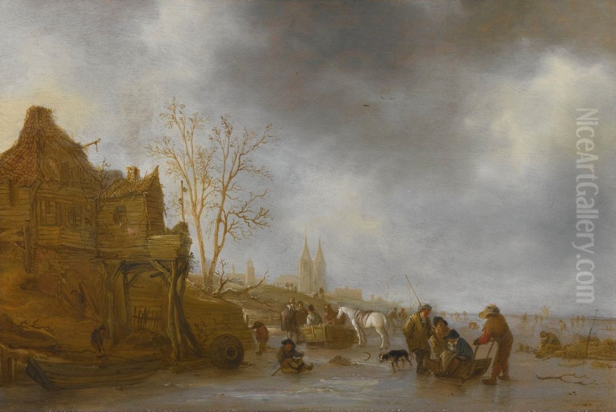 Winter landscape with figures on a frozen canal near a town Oil Painting by unknown