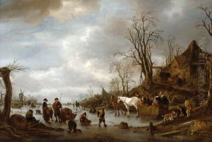 Winterlandschap met ijsvermaak voor een herberg