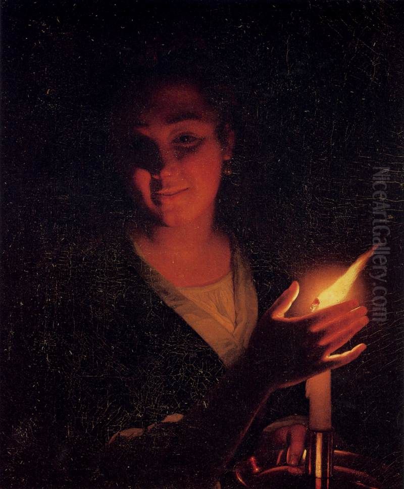 A young woman with a burning candle Oil Painting by Godfried Schalcken
