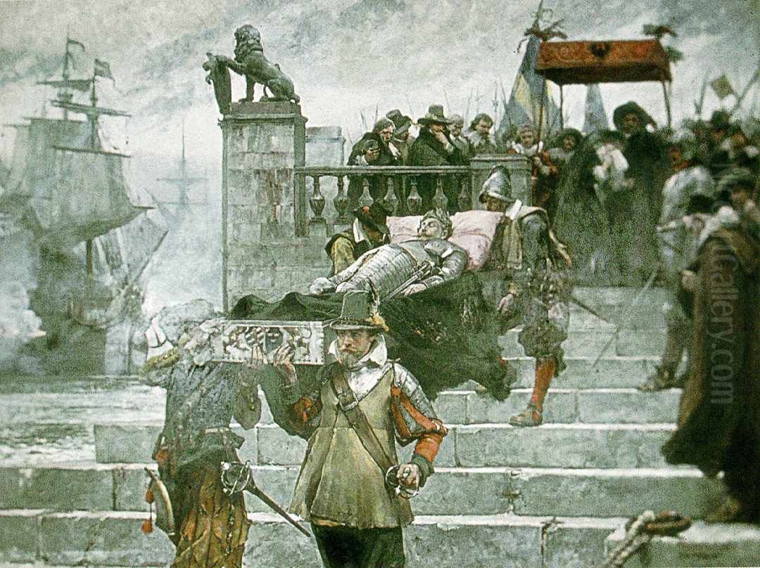 Gustaf II. Adolfs lik inskeppas i Wolgasts hamn 1633 Oil Painting by Carl Gustaf Hellqvist