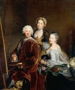 Selbstbildnis vor der Staffelei mit den Tochtern Henriette Joyard und Marie de Rege
