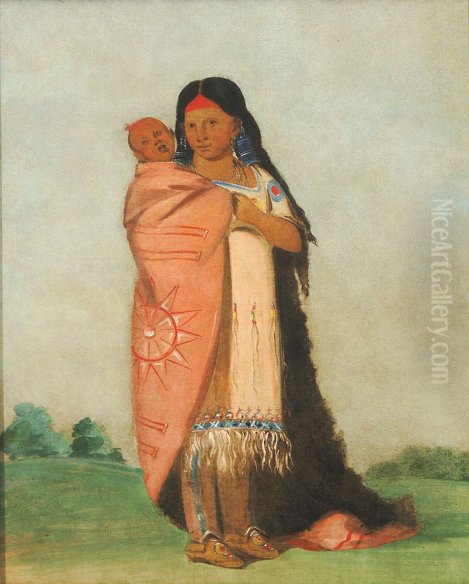 Tsee-mount, Great Wonder, Carrying Her Baby in Her Robe Oil Painting by George Catlin