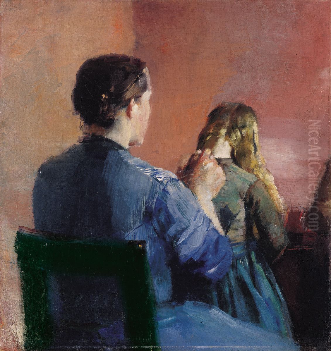 A mother plainting her little daughter's hair Oil Painting by Christian Krohg