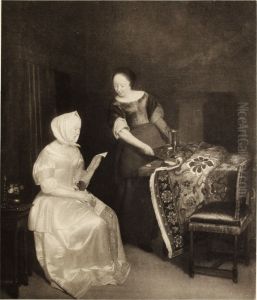 Interior with a woman reading a letter and a maid