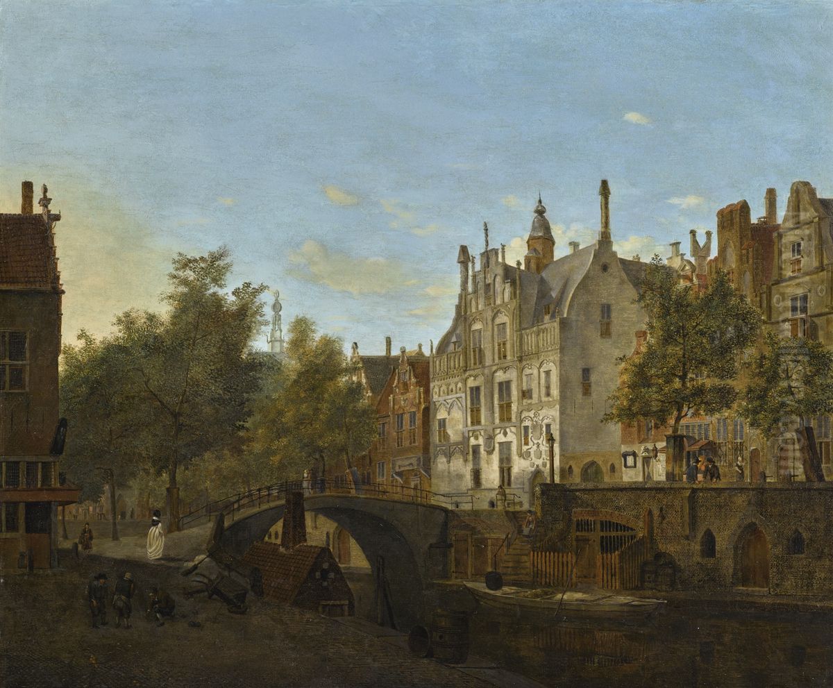 View of the Oude Delft with the Gemeenlandshuis Oil Painting by Jan Van Der Heyden