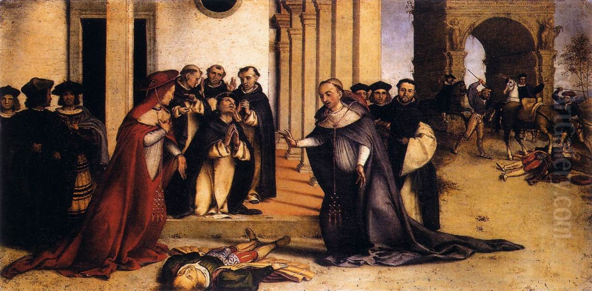 St Dominic Raises Napoleone Orsini Oil Painting by Lorenzo Lotto