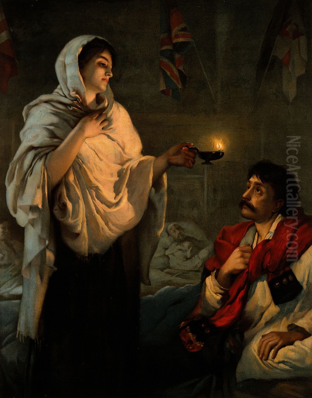 Laguerra de Crimea.Florence Nightingaley su lampara atendiendo a un paciente en su cama. Reproduccion delitografia en coloresde una pintura de Henrietta Rae tituladaMiss Nightingale at Scutari(1854). Oil Painting by Henrietta Rae
