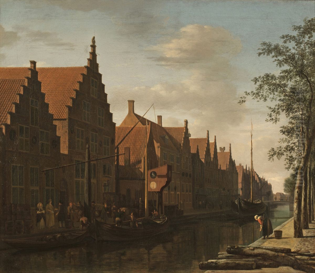 View of Bakenessergracht with Passer-en-Valk Brewery Oil Painting by Job Adriaenszoon Berckheyde
