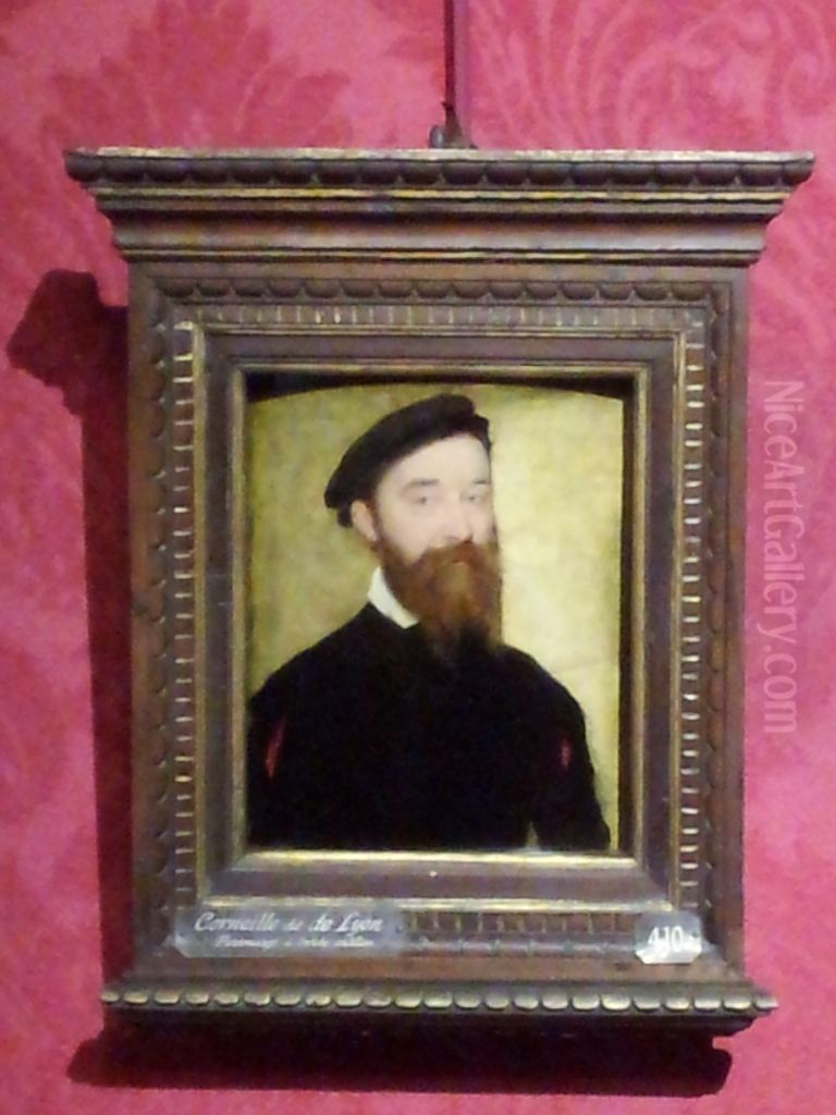 Personnage a barbe chatain, pourpoint noir a creves cerise, toquet noir Oil Painting by Corneille De Lyon