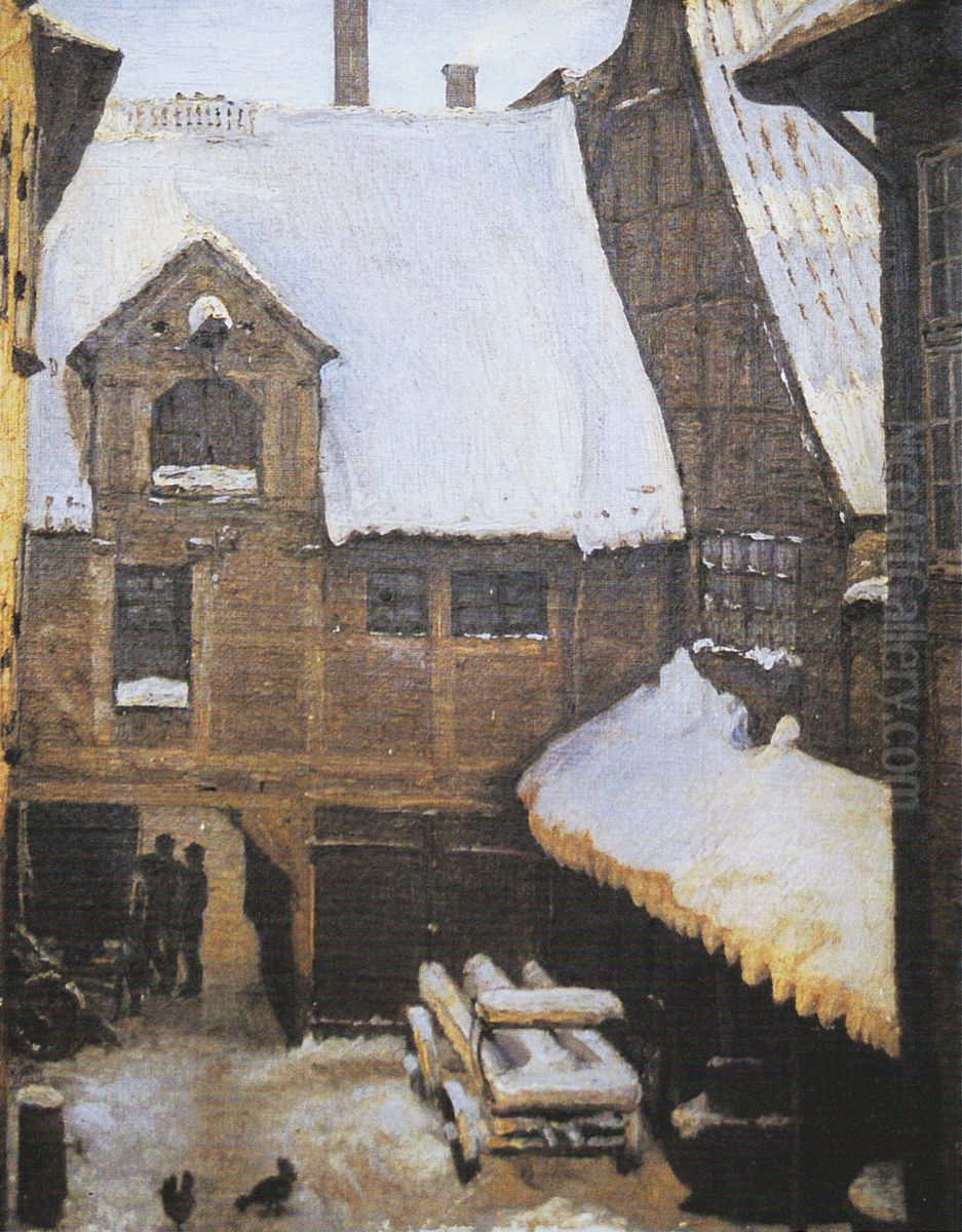 Wintery view at Mikkel Vibe's House (also known as Sigvert Grubbe's House) on Strandgade in Christianshavn, Copenhagen. Oil Painting by Peder Severin Kroyer