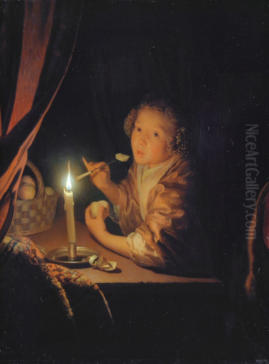 Girl Eating an Apple Oil Painting by Godfried Schalcken