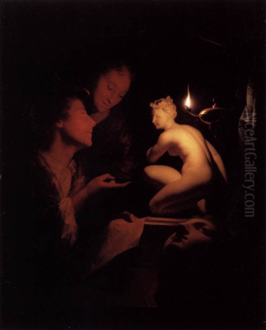 Young Man and Woman Studying a Statue of Venus, by Lamplight Oil Painting by Godfried Schalcken
