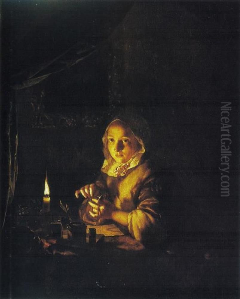 Young woman winding up a watch by candlelight Oil Painting by Caspar Netscher