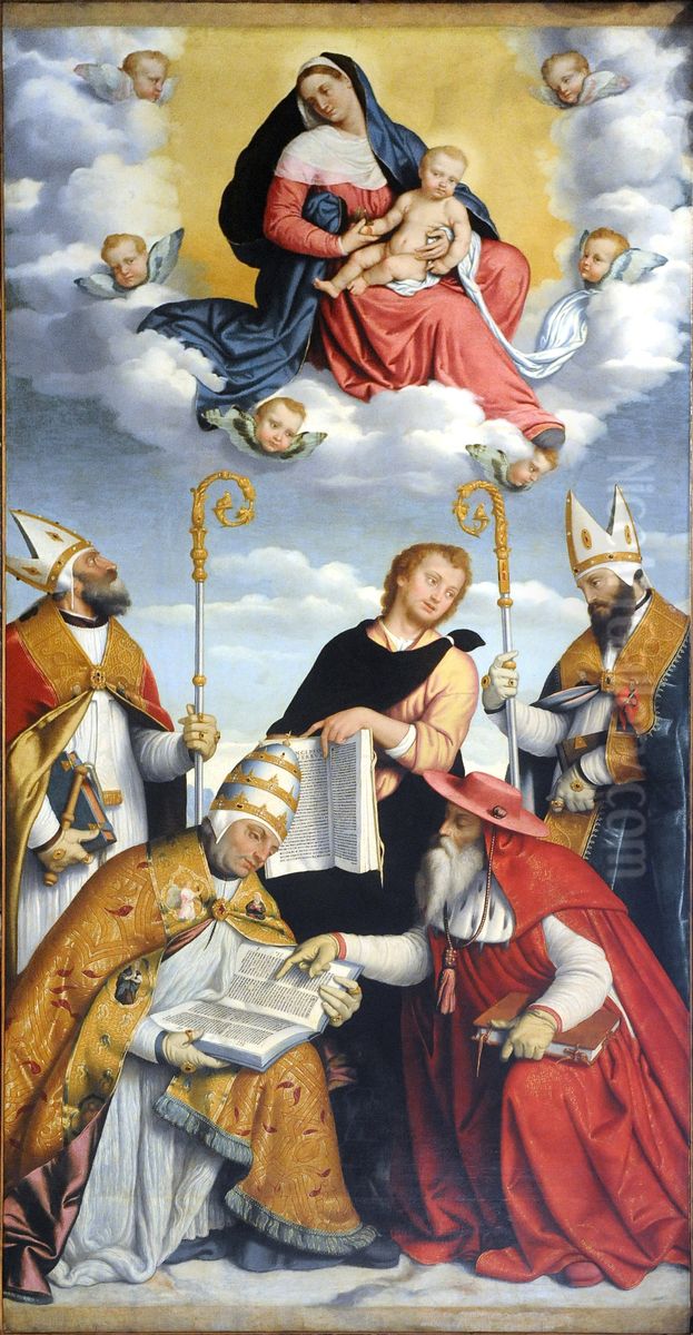 Madonna con Gesu Bambino in gloria, i quattro dottori della Chiesa e San Giovanni Evangelista Oil Painting by Giovanni Battista Moroni