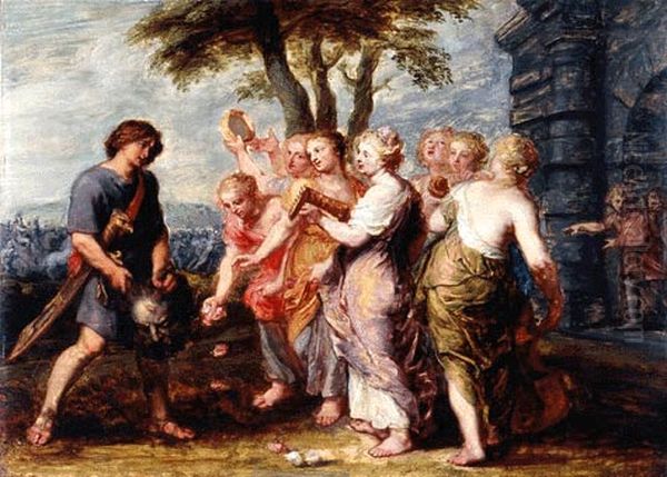 David's triumph with Goliath's head Oil Painting by Jan van den Hoecke