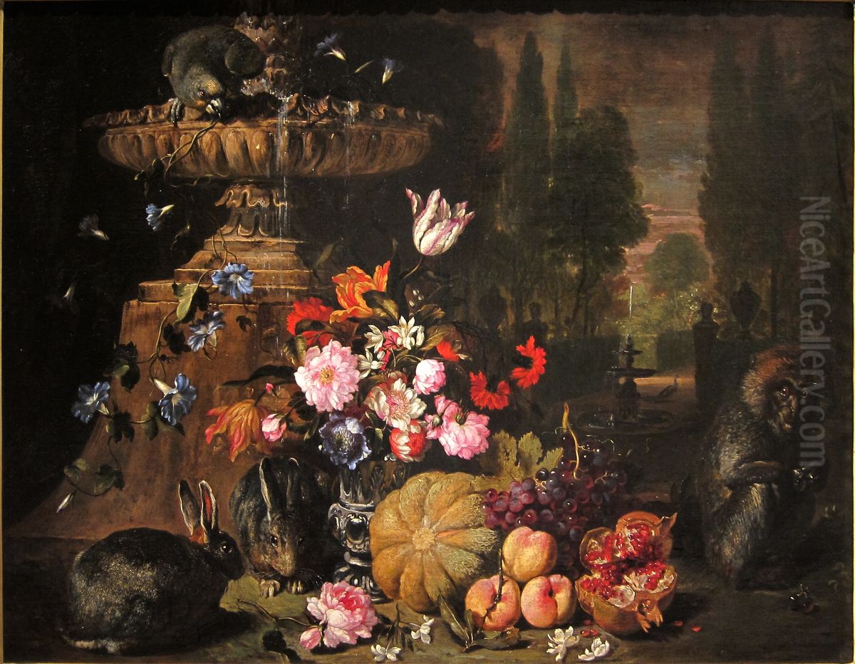 Still life of Fruit and Flowers with Animals Oil Painting by David de Coninck
