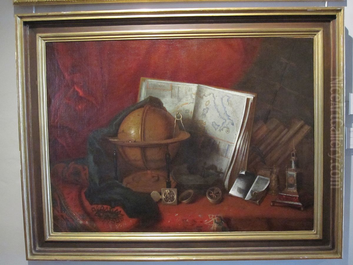 Still life with earth globe and map of Italy Oil Painting by Evaristo Baschenis