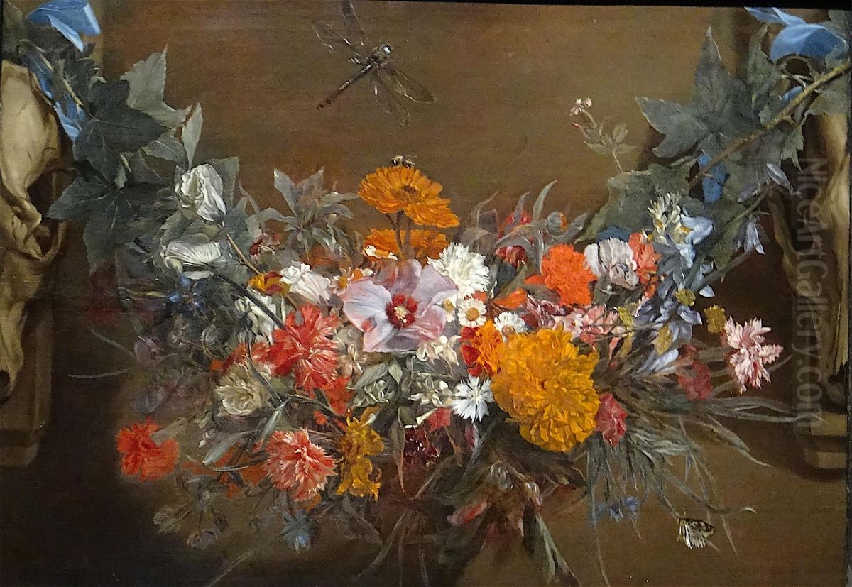 Blumengirlande mit Prachtlibelle (Michaelina Woutiers) Oil Painting by Michaelina Wautier