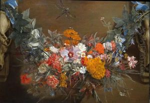 Blumengirlande mit Prachtlibelle (Michaelina Woutiers)