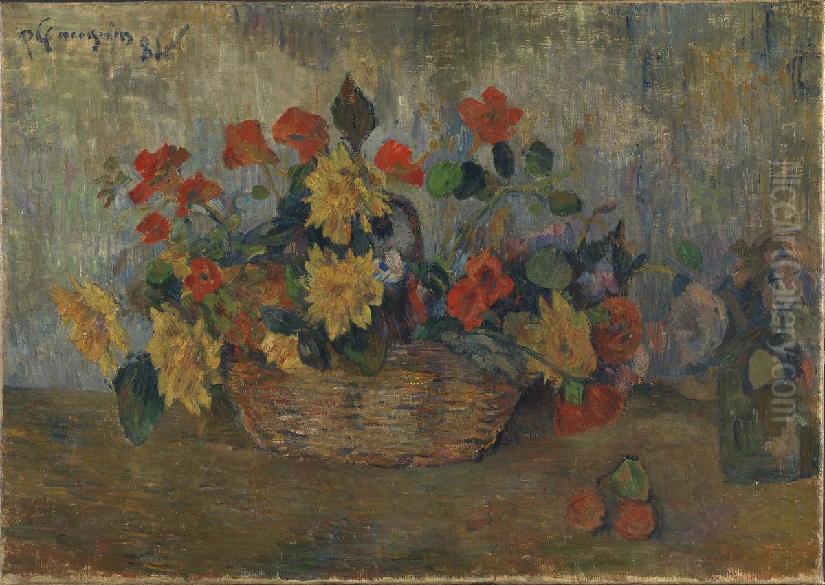 Capucines et dahlias dans une corbeille, ou Corbeille de fleurs Oil Painting by Paul Gauguin