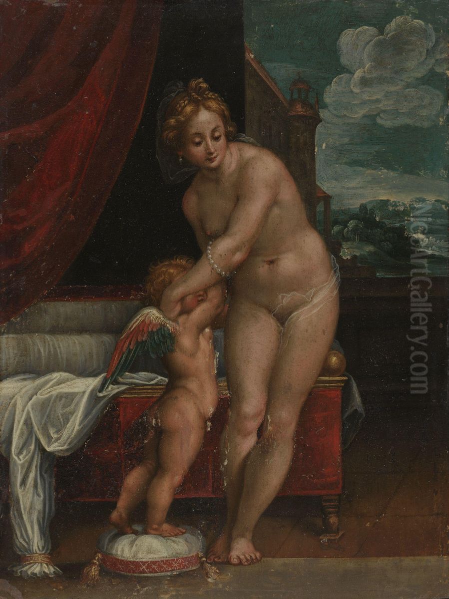 Venus og Amor Oil Painting by Marcantonio Raimondi