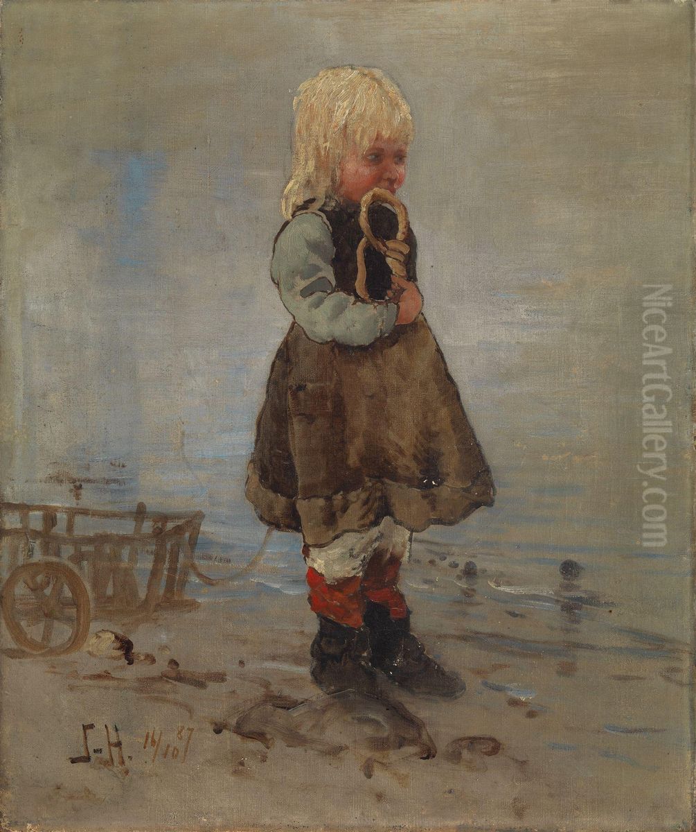 Pike med vogn og smorkringle Oil Painting by Frithjof Smith-Hald