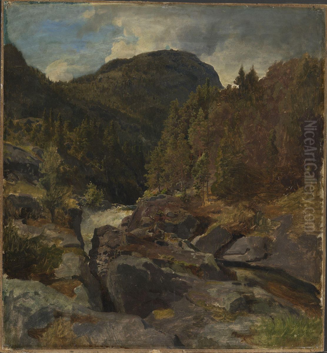 Landskap med foss Oil Painting by Hans Gude