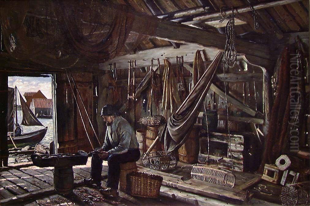 In the Boat House Oil Painting by Gustav Wentzel