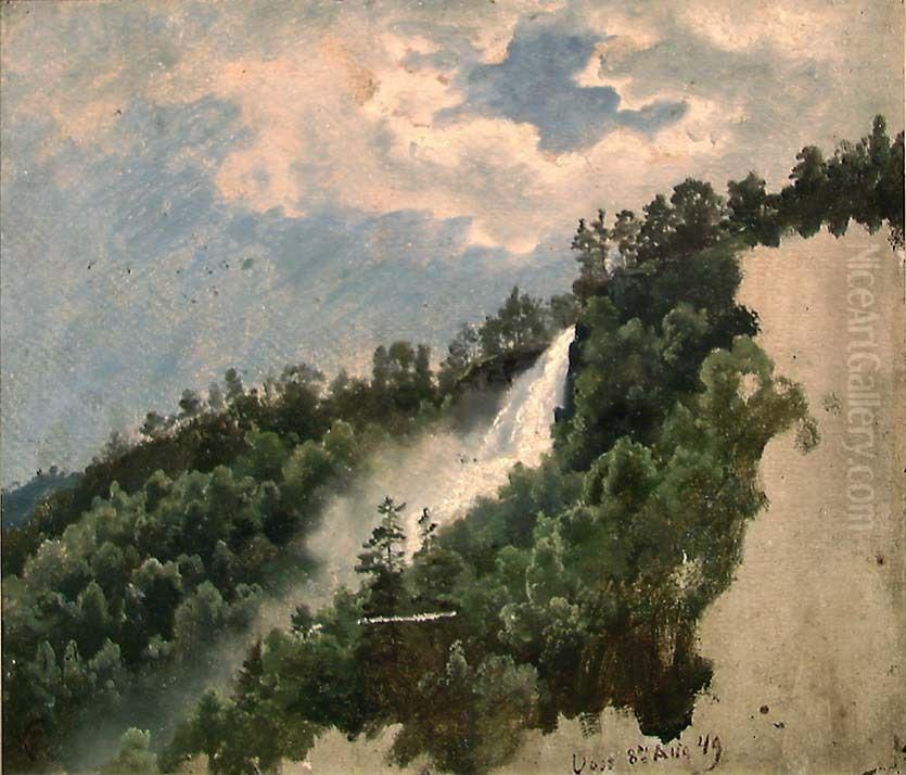 Waterfall near Voss Oil Painting by Hans Gude