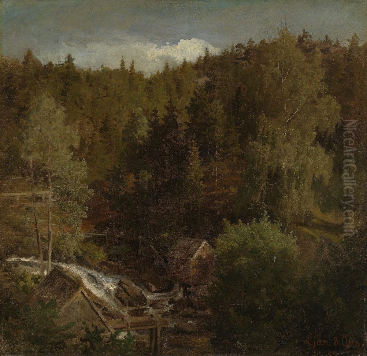 Landscape with a Mill Oil Painting by Hans Gude