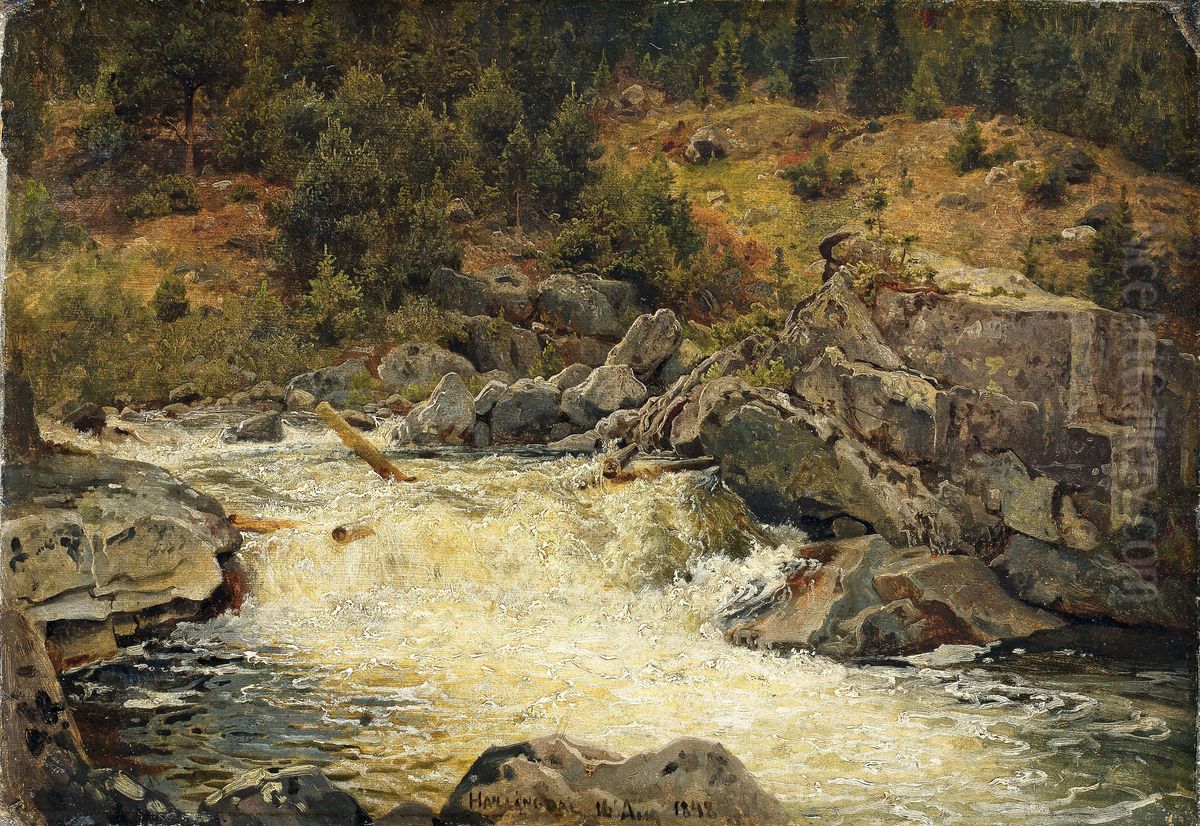 Waterfall in Hallingdal Oil Painting by Hans Gude