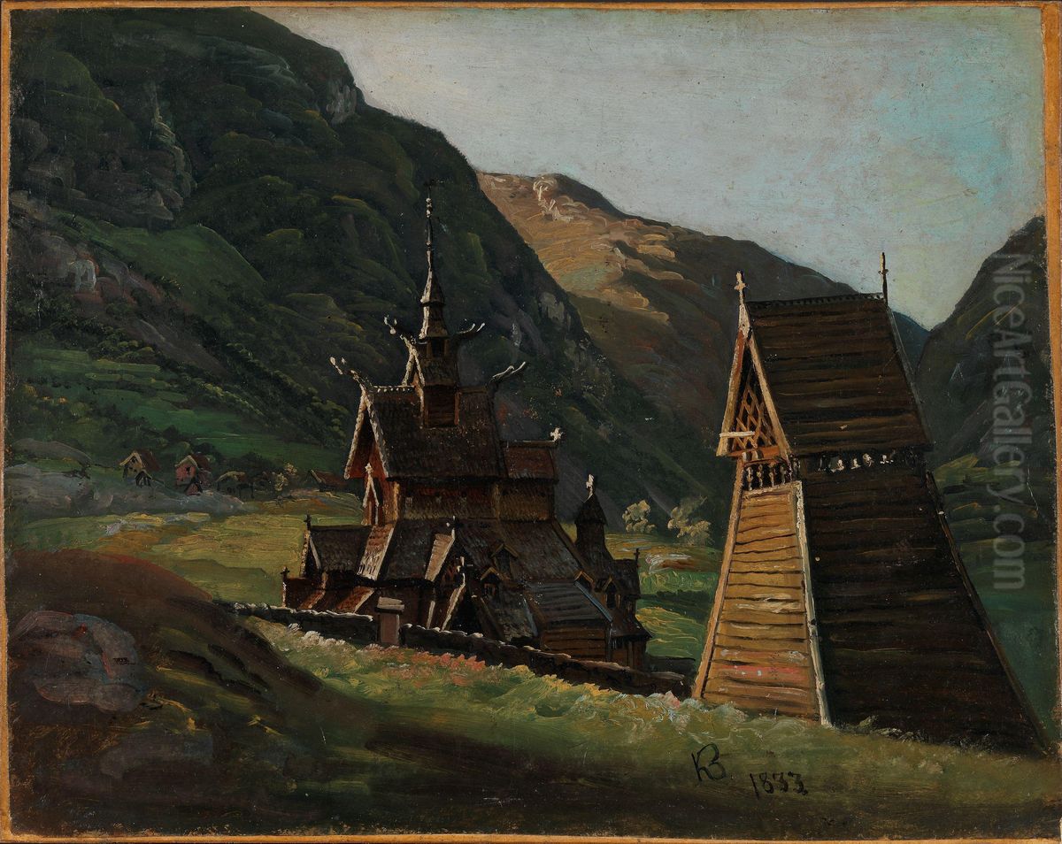 Borgund Stave Church in Laerdal Oil Painting by Knud Baade