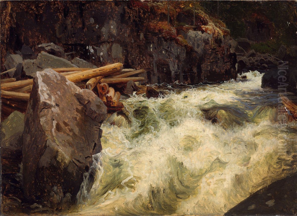 Study of a Waterfall Oil Painting by August Cappelen