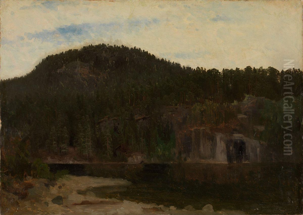 Skogstudie med vann Oil Painting by August Cappelen