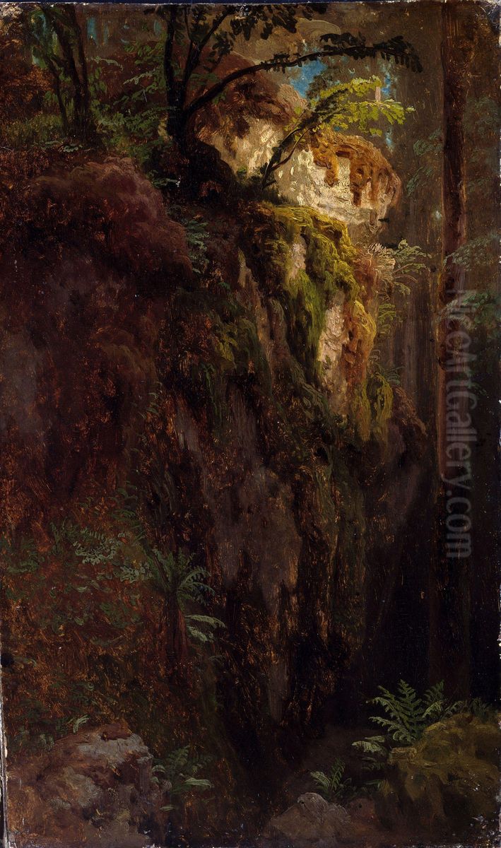 Landscape Study with a Ravine Oil Painting by August Cappelen