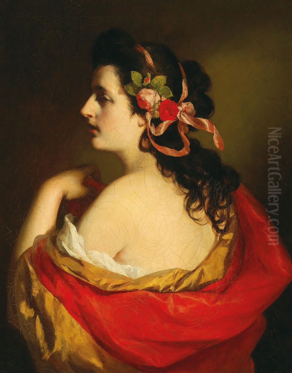 Portrait of a young girl in profile with bands in her hair Oil Painting by Friedrich von Amerling