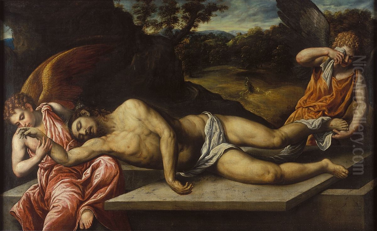 Dead Christ mourned by angels Oil Painting by Paris Bordone