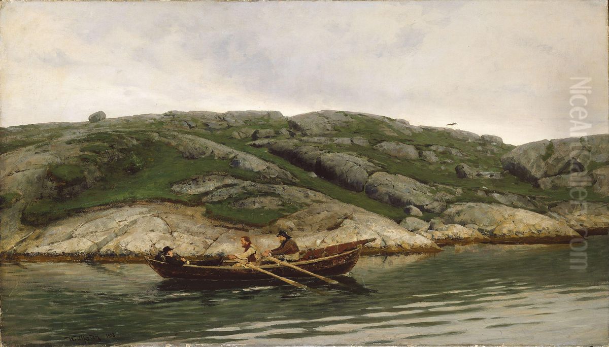 Three Men in a Rowing Boat Oil Painting by Nicolai Ulfsten