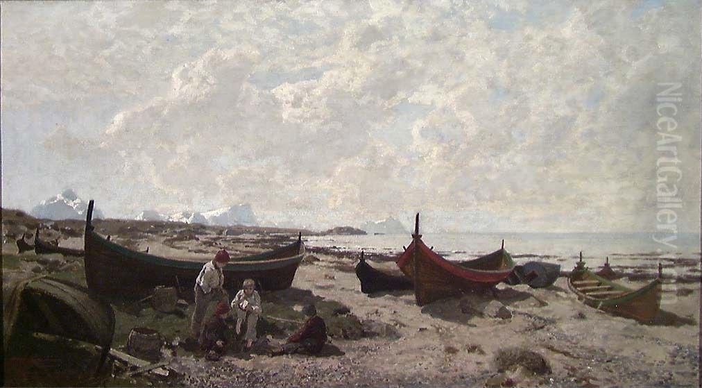 Boats on the Beach Oil Painting by Otto Ludvig Sinding