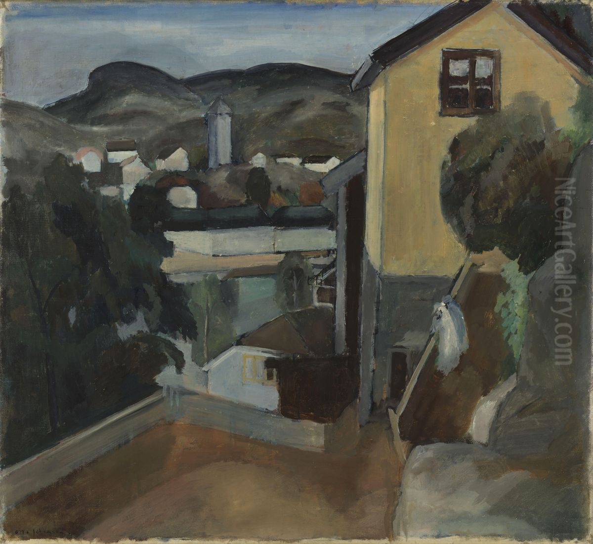The yellow House in Risor Oil Painting by Otto Emil Johansen