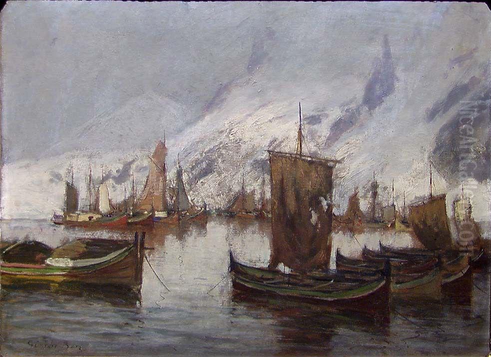 Fishingboats in the Port Oil Painting by Gunnar Berg