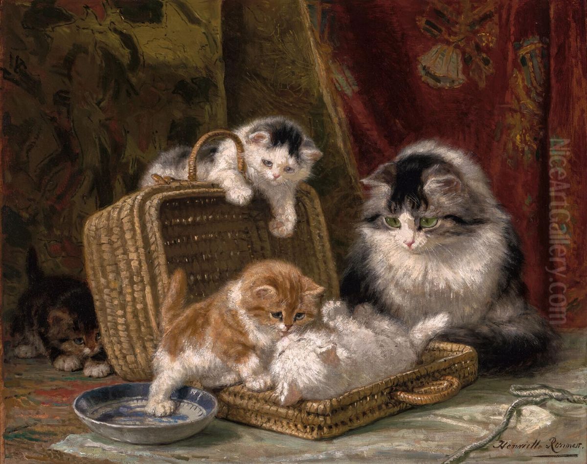 Kittens playing Oil Painting by Henriette Ronner-Knip